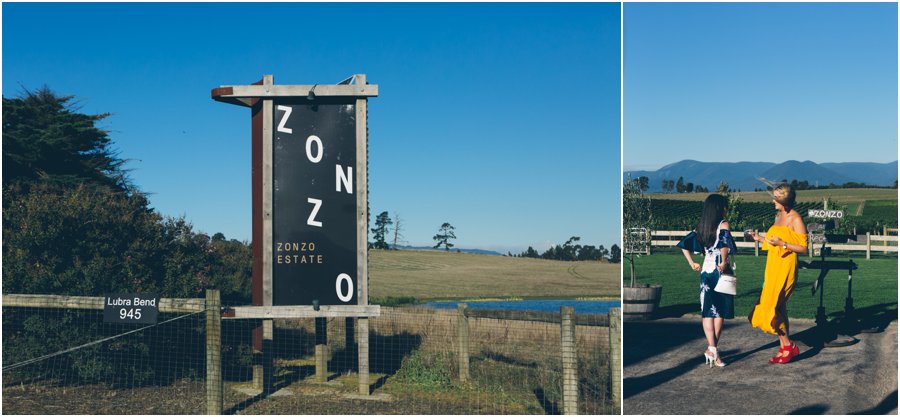 Yarra Valley wedding venues - Zonzo Estate sign and a quirky pic of guests in the sun