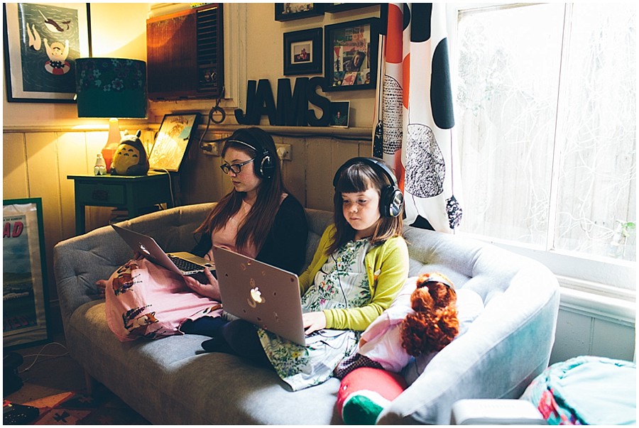 LGBTQI Same-sex Family portraits girls listening to music