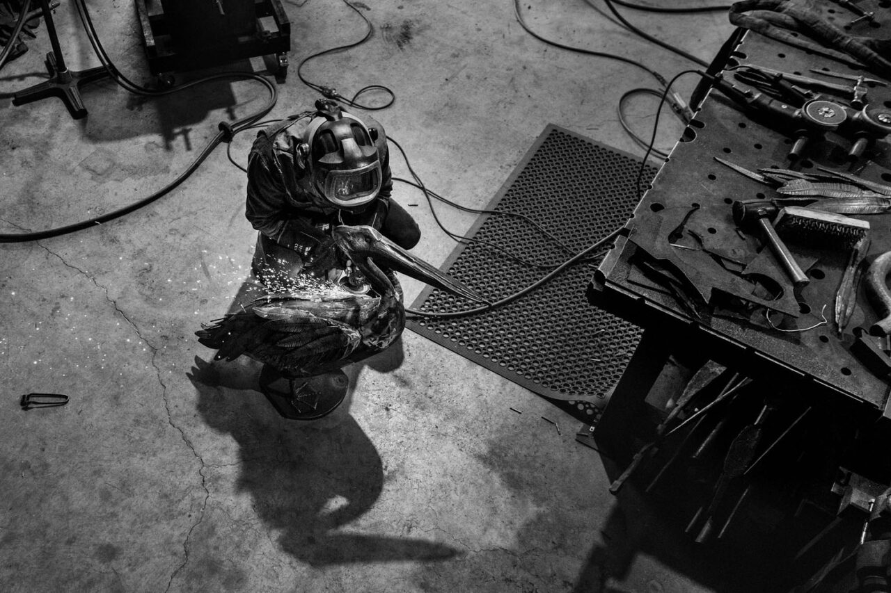 Birdseye view of Workshop showing the scale of the pelican sculpture.