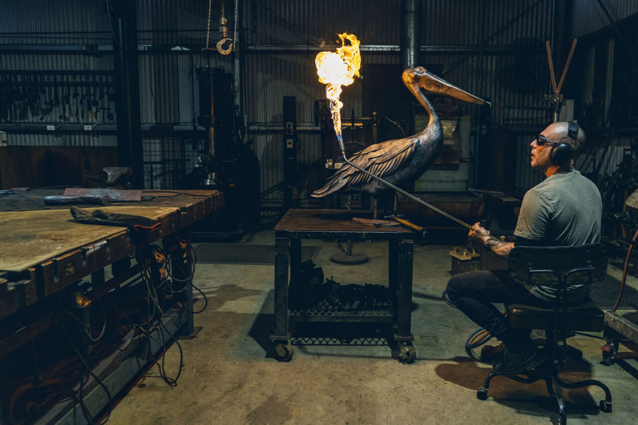 Almost complete pelican steel sculpture at Ashmore Arts.