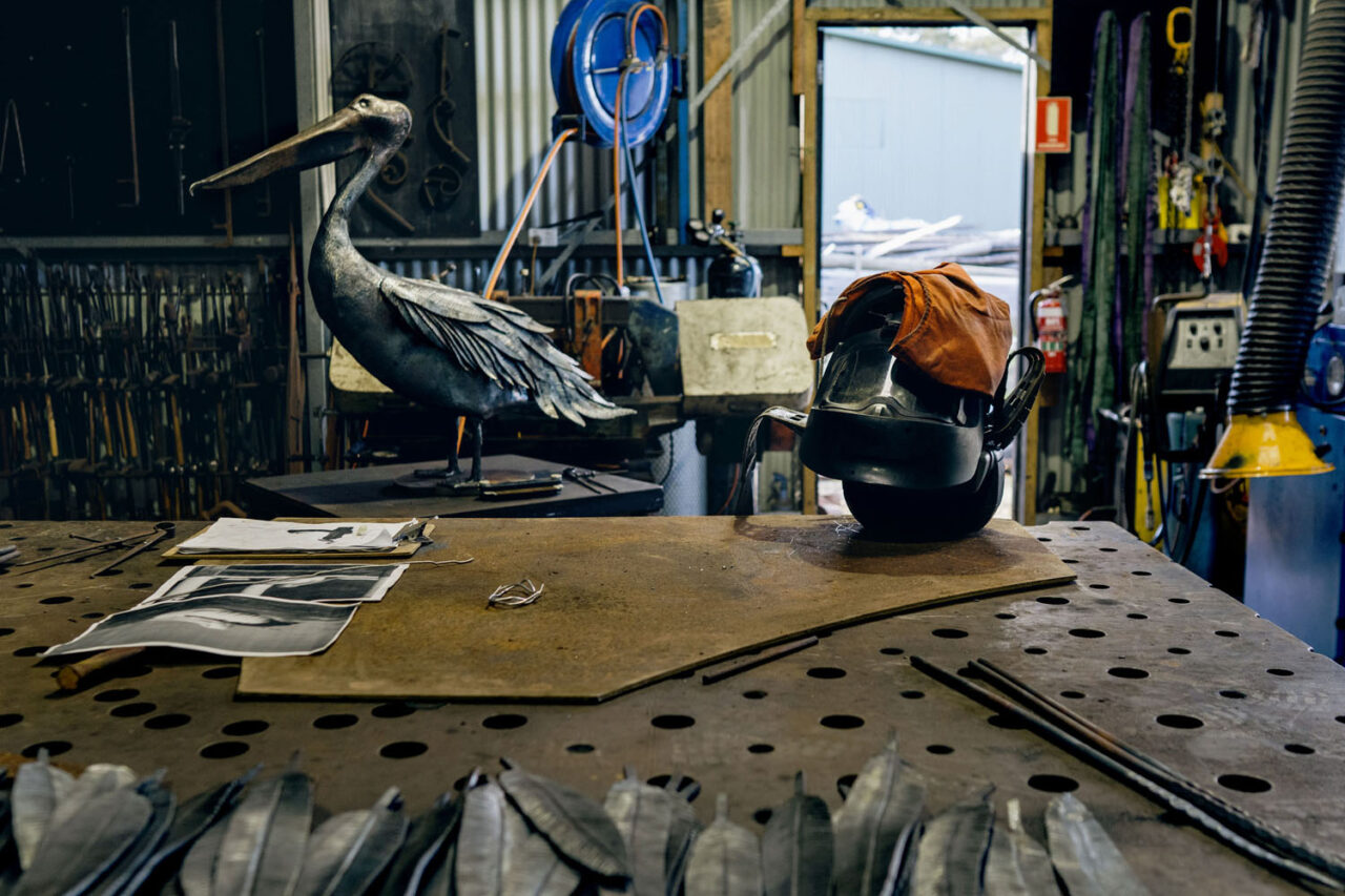 View of finished pelican sculpture 