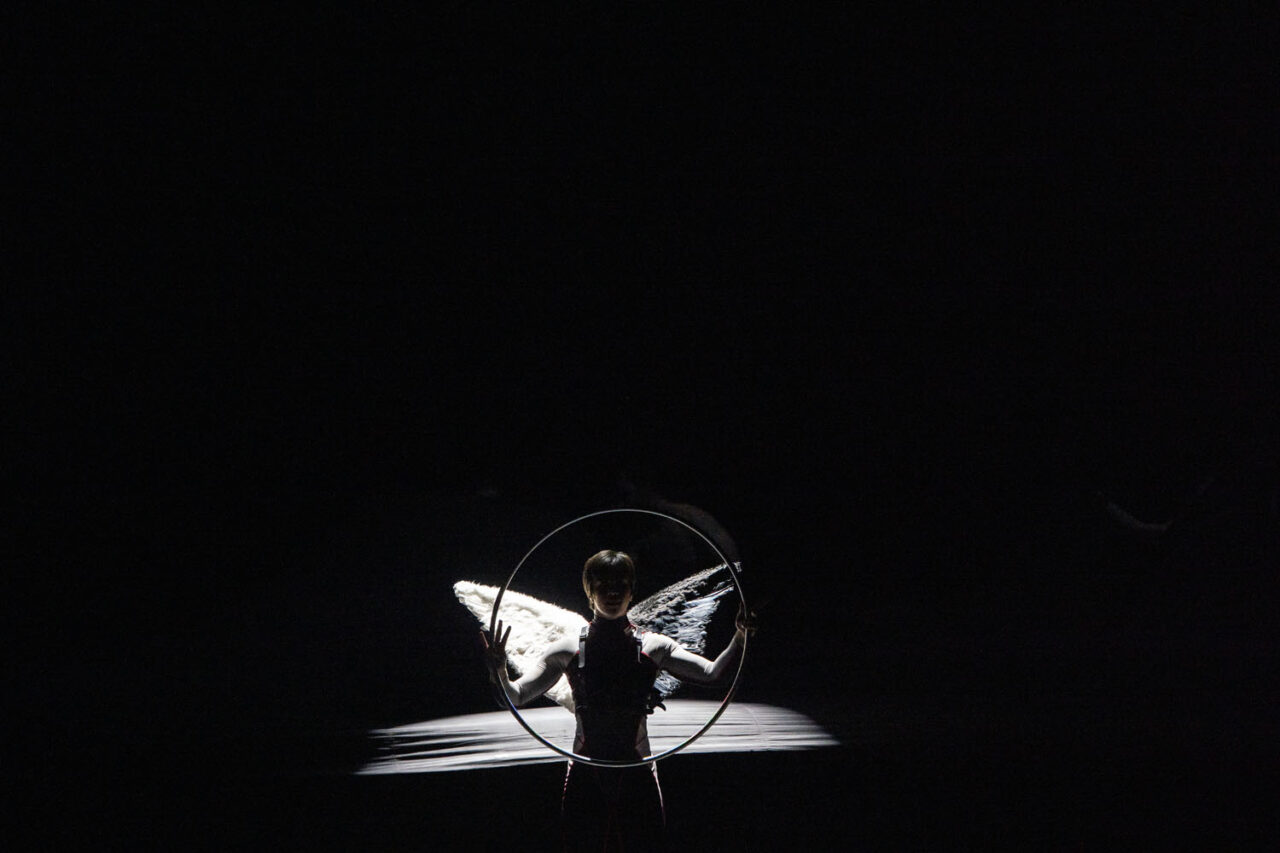 Performer with feathered wings framed by a hoop under spotlight in Circa’s Duck Pond at The Round, Melbourne — an evocative Black Swan-inspired scene.