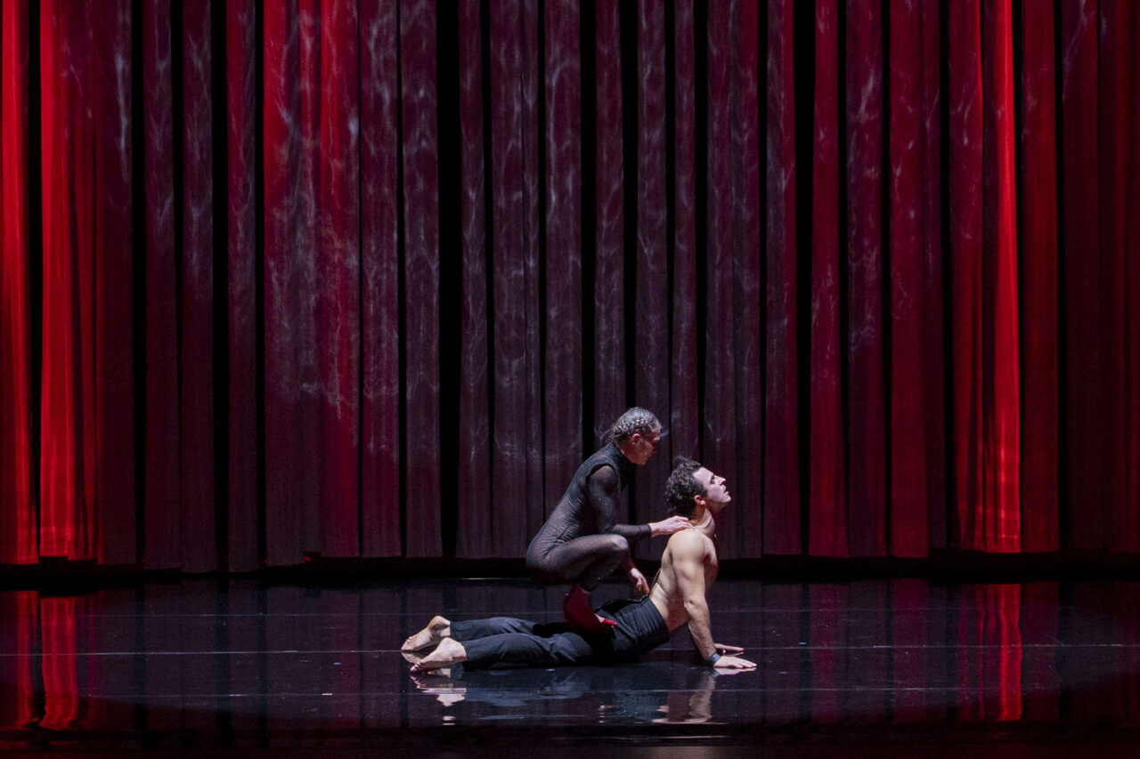 Two Circa performers in a dramatic red-lit scene during the Black Swan sequence of Duck Pond at The Round Melbourne, photographed by Lauren Marshall.