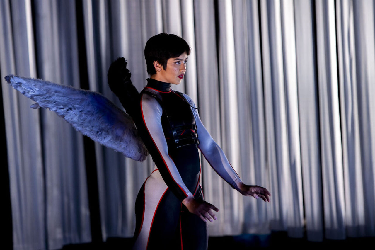 Performer with feathered wings on stage during the Black Swan sequence of Circa’s Duck Pond at The Round Melbourne, photographed by Lauren Marshall.
