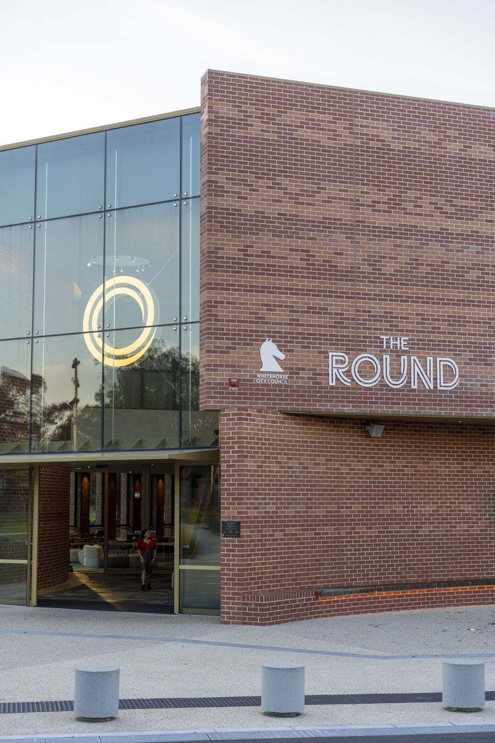 Exterior view of The Round Nunawading, Melbourne – modern brick and glass arts venue photographed by Lauren Marshall.