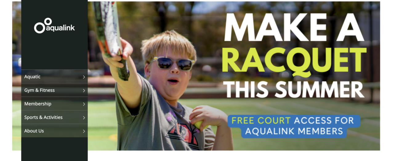 Aqualink council website banner promoting free tennis court access campaign for community members