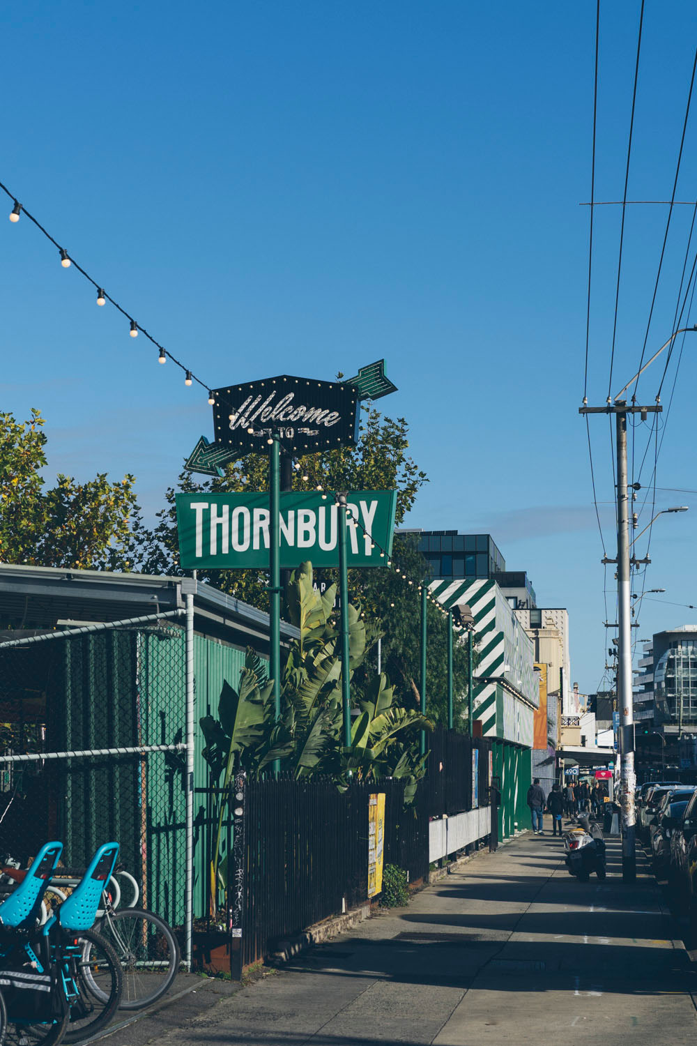 Welcome to Thornbury sign and street entrance in Melbourne, a popular venue for relaxed weddings and events.